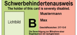 Abbildung Vorderseite Schwerbehindertenausweis. Lichtbild links, recht die Namansangaben