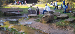 Familien an einem kleinen Bachlauf im Volkspark.