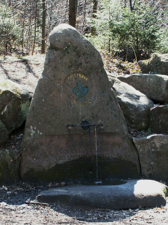 Über ein Rohr liefert der Spitzrainbrunnen wasser, welches in einem Stein gesammelt wird. Der Brunnen selbst besteht aus einem hoch aufgerichteten Stein auf dem in goldenen Lettern Spitzrain Brunnen steht und in der Mitte ein grünes Blatt zu sehen ist. © Stadt Kaiserslautern