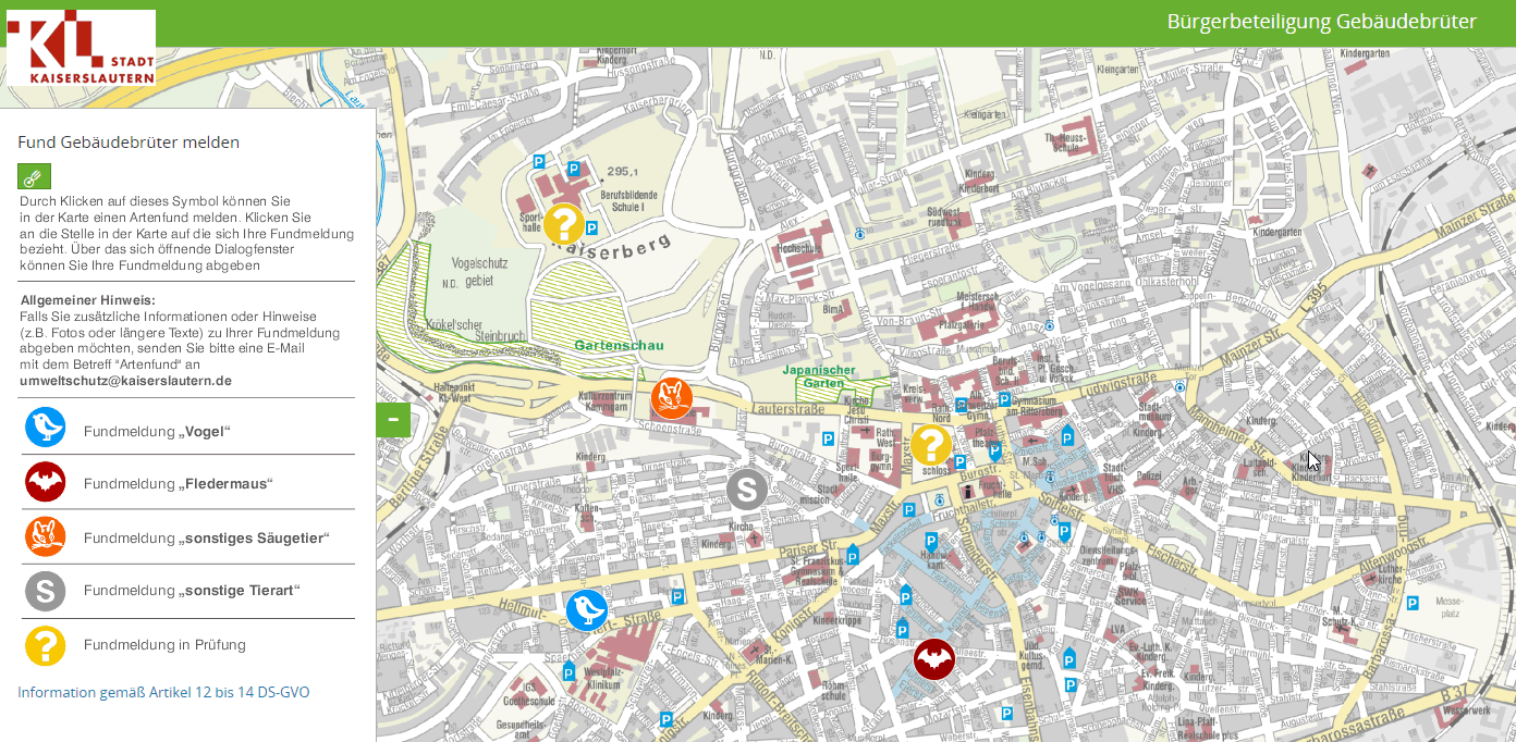 Stadtplan mit Markern zu Gebäudebrüter