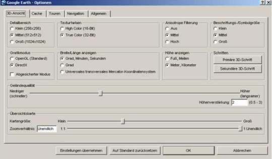 Sreenshot von dem Einstellungsfenster 'Google Earth Optionen' 