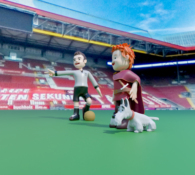 Klein Friedrich, sein Hund Ted und Fritz Walter auf dem Rasen im Fritz-Walter-Stadion.