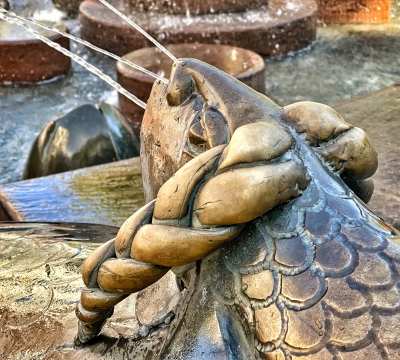 Man sieht den Fisch, der Wasser spuckt. Eine der vielen Figuren am Kaiserbrunnen.