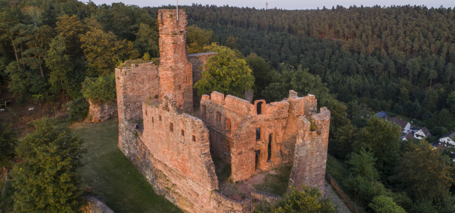 Burg Hohenecken aus der Vogelperspektive im Abendlicht