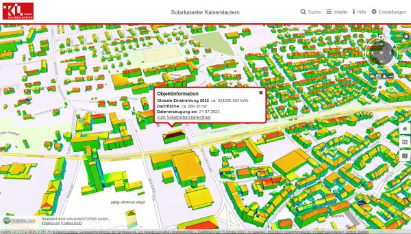 Ausschnitt des Solardachkataster der Stadt Kaiserslautern