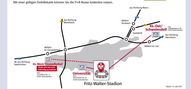 Übersichtskarte mit den Park & Ride Parkplätze zum FCK-Stadion - Stand Juli 2021